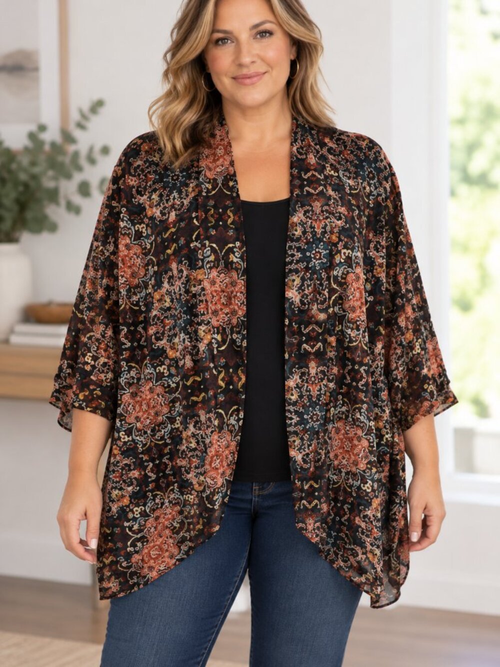 French Laundry Women 1X Black Floral Medallion Kimono Cardigan Boho Open Front